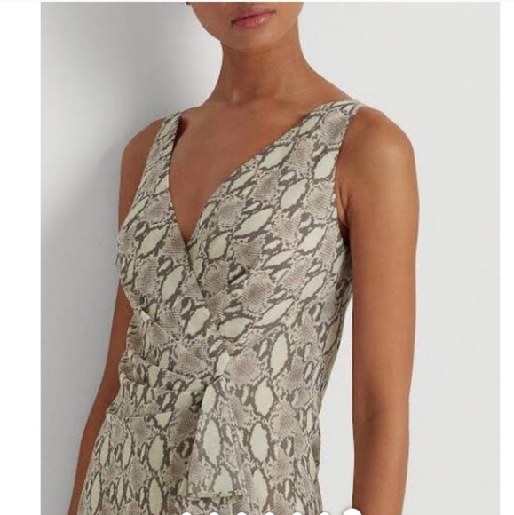 Lauren Ralph Lauren Taupe Snake Surplice Print Dress Womens 14 Midi Python EUC - Picture 16 of 16
